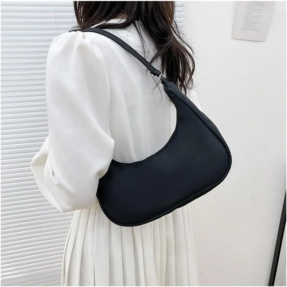 Nylon Black Shoulder Bag Cute Hobo Tote Under The Arm Purse Underarm Bag Crossbody Bag For Women Mini Clutch Purse With Zipper Closure