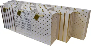 OccasionALL Small Gold Gift Bags Assorted Print Totes with Handles, Christmas Wrap, Holidays, Birthdays, Weddings, Party Favors, Bulk, 6x3x7.5 12 Pack