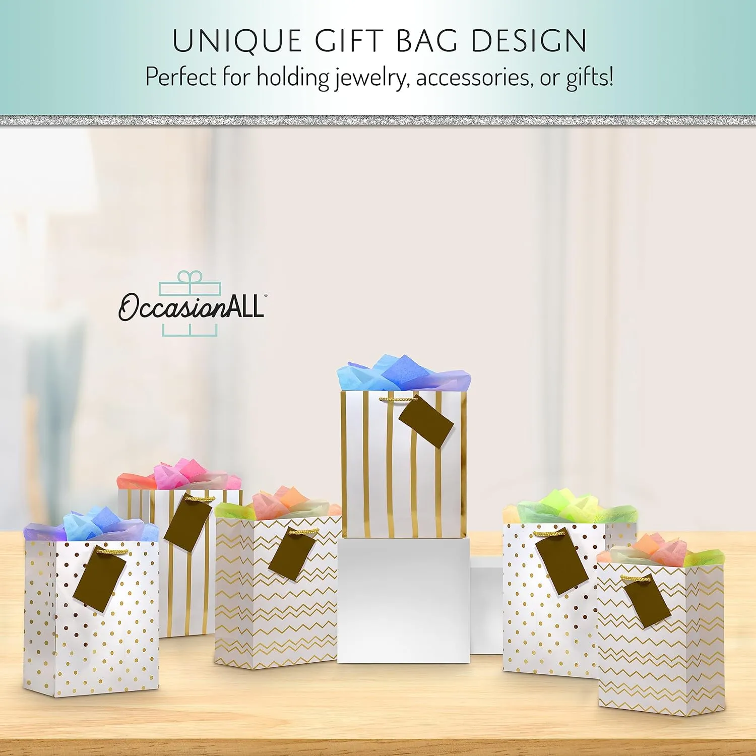 OccasionALL Small Gold Gift Bags Assorted Print Totes with Handles, Christmas Wrap, Holidays, Birthdays, Weddings, Party Favors, Bulk, 6x3x7.5 12 Pack