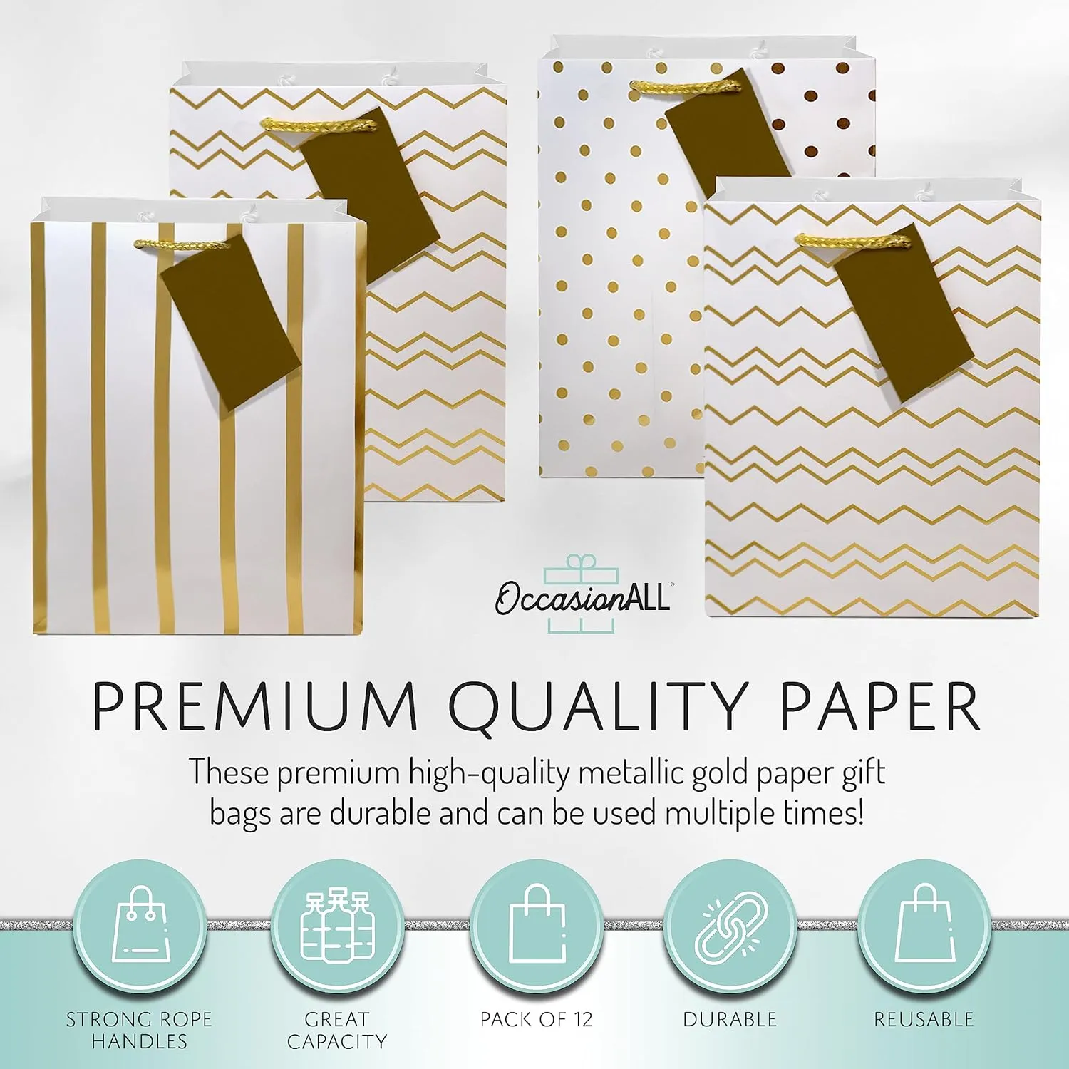 OccasionALL Small Gold Gift Bags Assorted Print Totes with Handles, Christmas Wrap, Holidays, Birthdays, Weddings, Party Favors, Bulk, 6x3x7.5 12 Pack