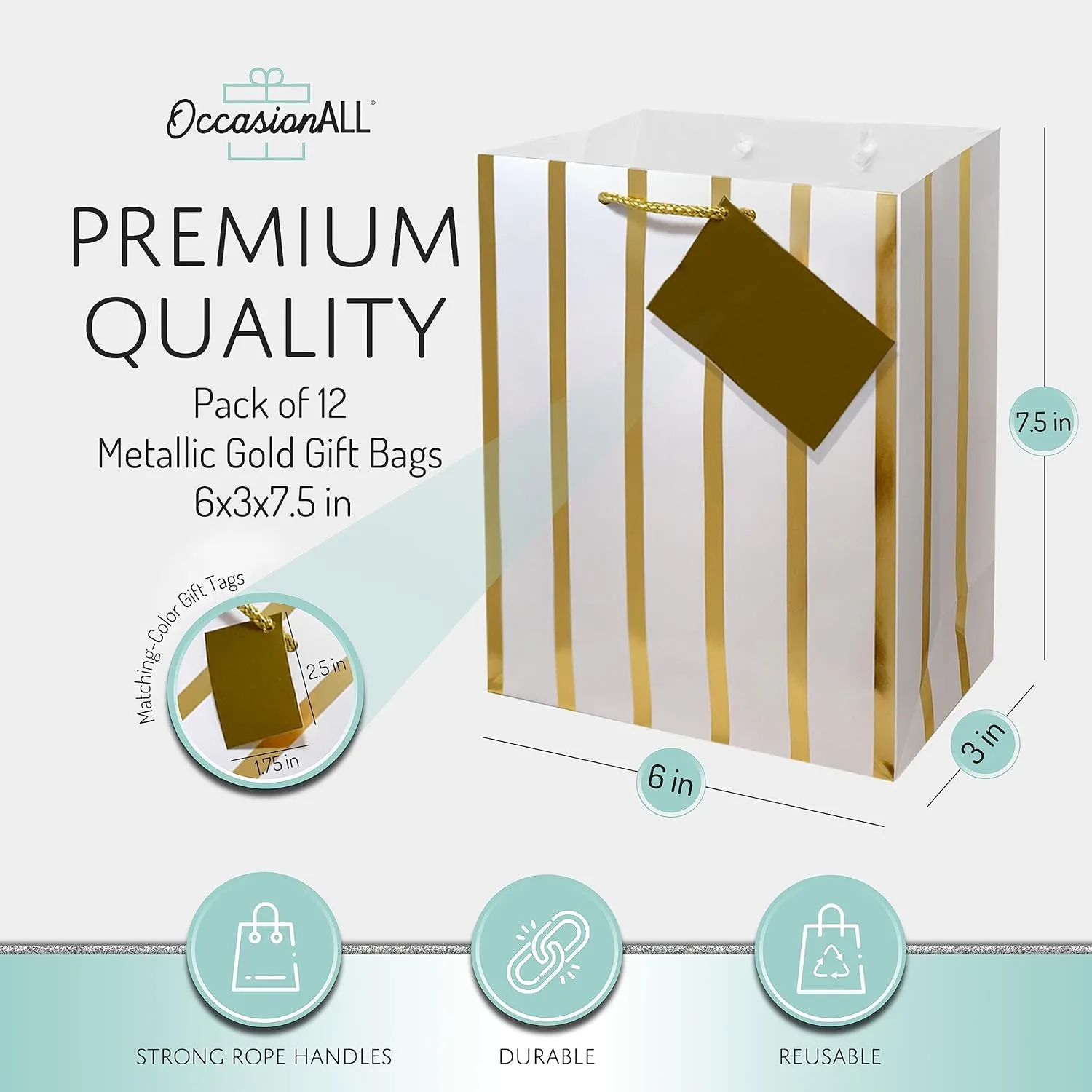 OccasionALL Small Gold Gift Bags Assorted Print Totes with Handles, Christmas Wrap, Holidays, Birthdays, Weddings, Party Favors, Bulk, 6x3x7.5 12 Pack