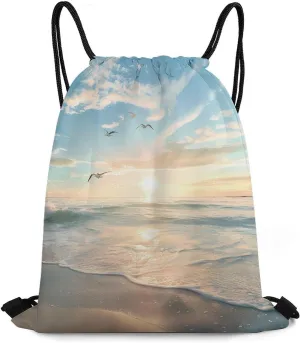 Ocean Beach Nauture Sunrise Coastal Drawstring Backpack Durable String Bag Sports Sackpack Cinch Bags for Gym Travel