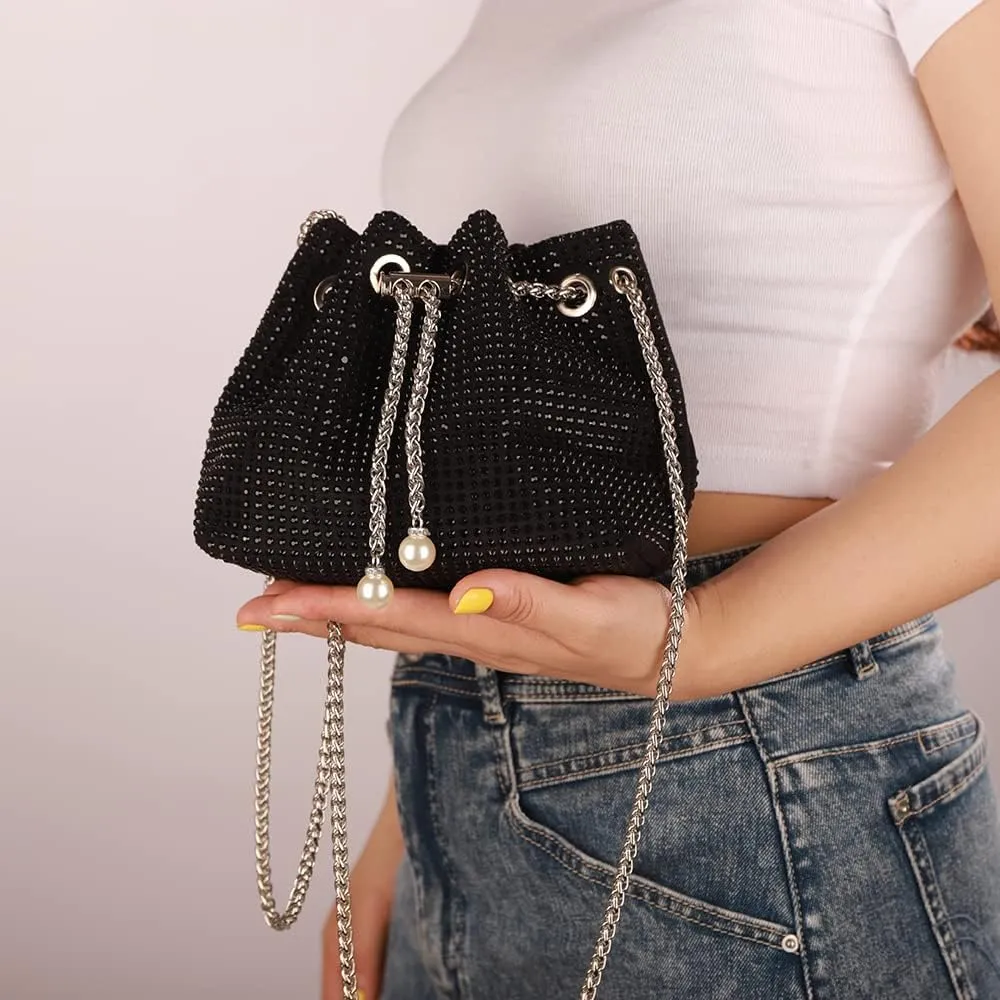 Octwine Small Purse Rhinestones Bucket Purse Pearl Handbag Evening Bag Wedding Party Prom Crossbody Bag for Women and Girls