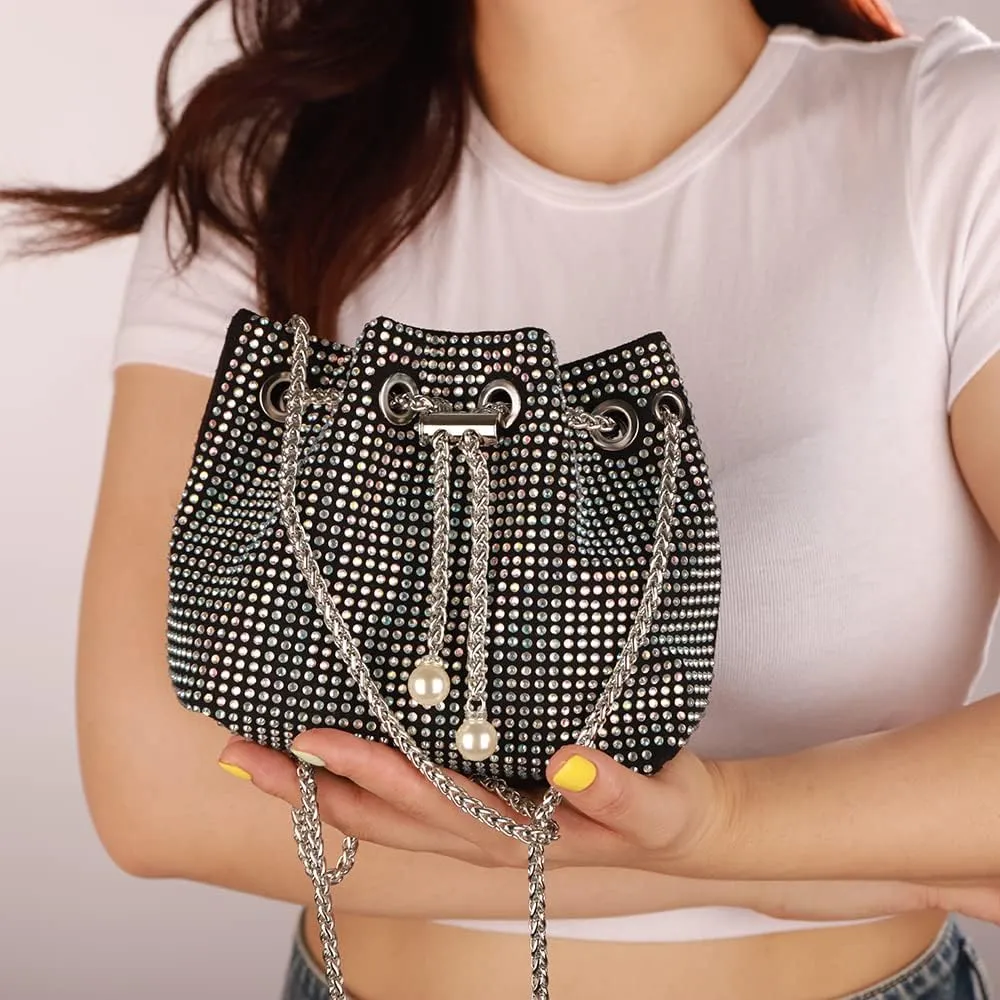 Octwine Small Purse Rhinestones Bucket Purse Pearl Handbag Evening Bag Wedding Party Prom Crossbody Bag for Women and Girls