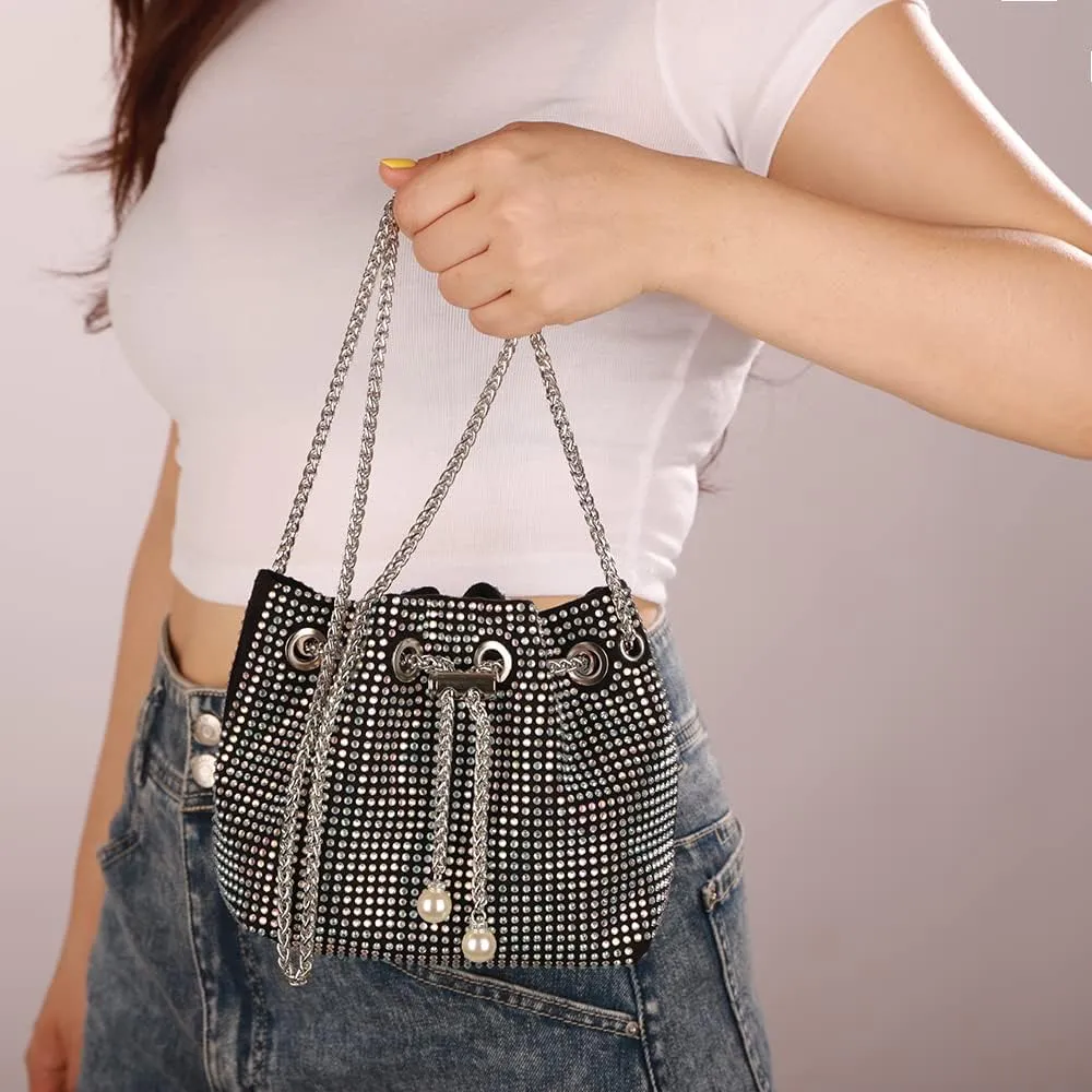 Octwine Small Purse Rhinestones Bucket Purse Pearl Handbag Evening Bag Wedding Party Prom Crossbody Bag for Women and Girls