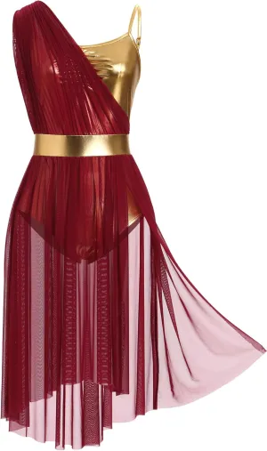 ODASDO Lyrical Dance Costumes for Women Cami Straps Metallic Mesh Tulle Flowy Leotard Dress for Recital Stage Performance