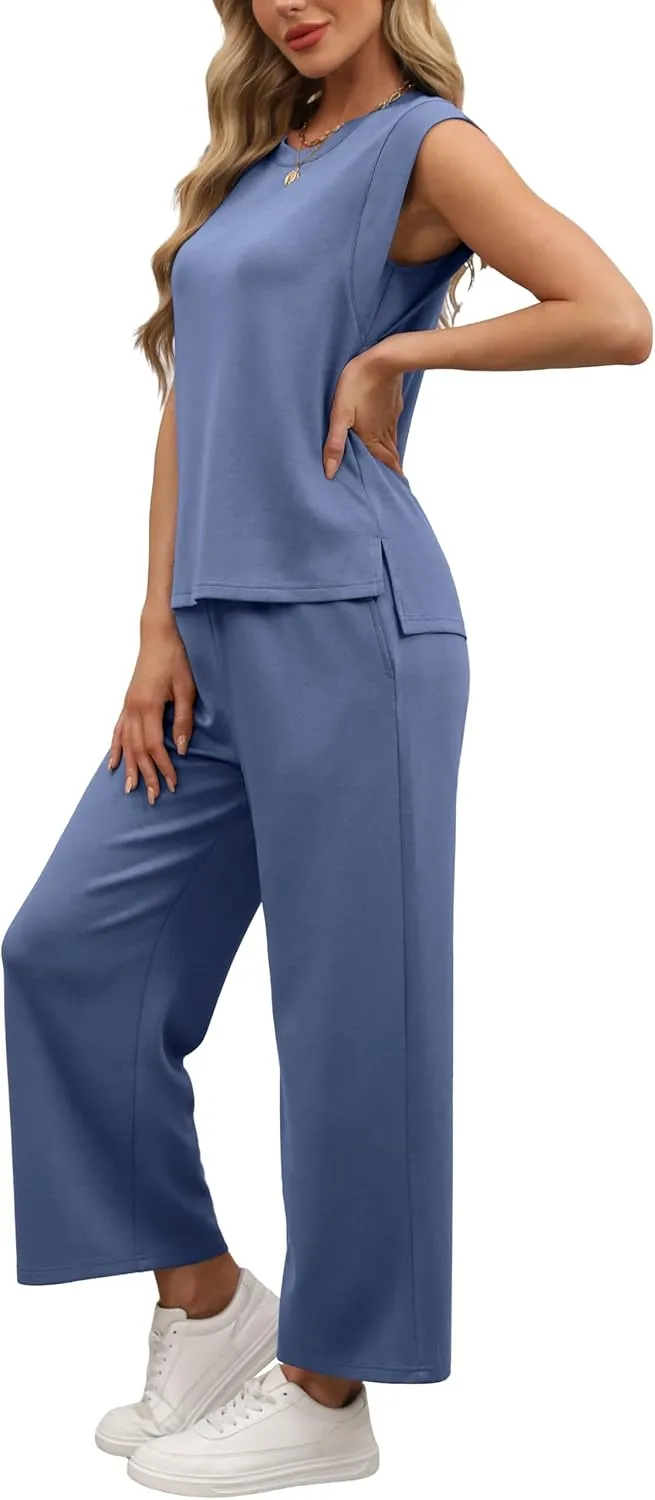 OFEEFAN Lounge Sets for Women 2 Piece Matching Sets Spring Summer Outfits Casual Cap Sleeve Crewneck Wide Leg Pants