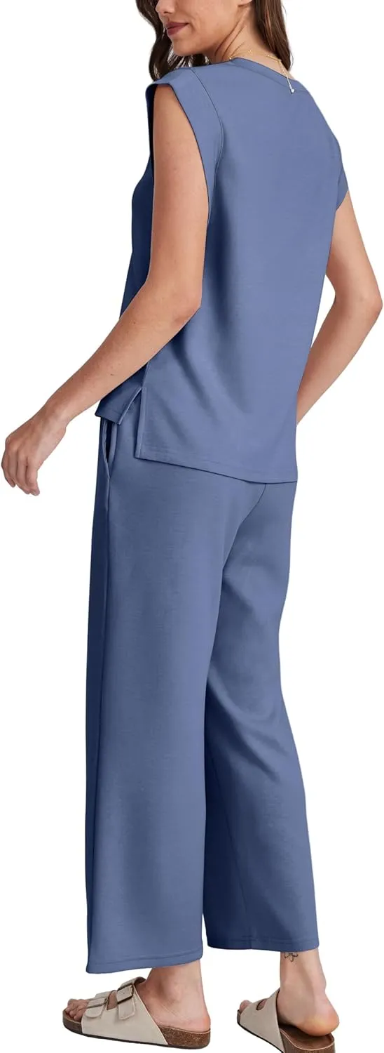 OFEEFAN Lounge Sets for Women 2 Piece Matching Sets Spring Summer Outfits Casual Cap Sleeve Crewneck Wide Leg Pants