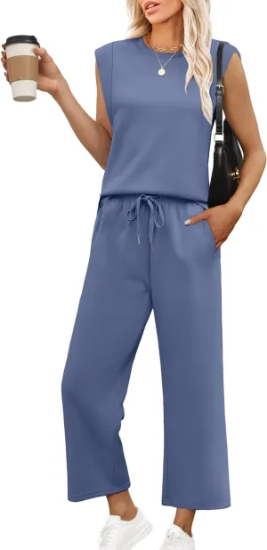 OFEEFAN Lounge Sets for Women 2 Piece Matching Sets Spring Summer Outfits Casual Cap Sleeve Crewneck Wide Leg Pants