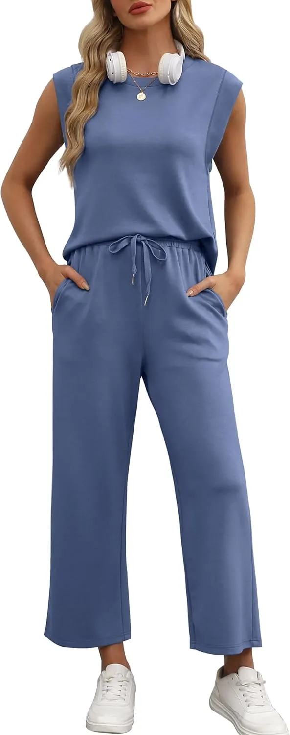 OFEEFAN Lounge Sets for Women 2 Piece Matching Sets Spring Summer Outfits Casual Cap Sleeve Crewneck Wide Leg Pants