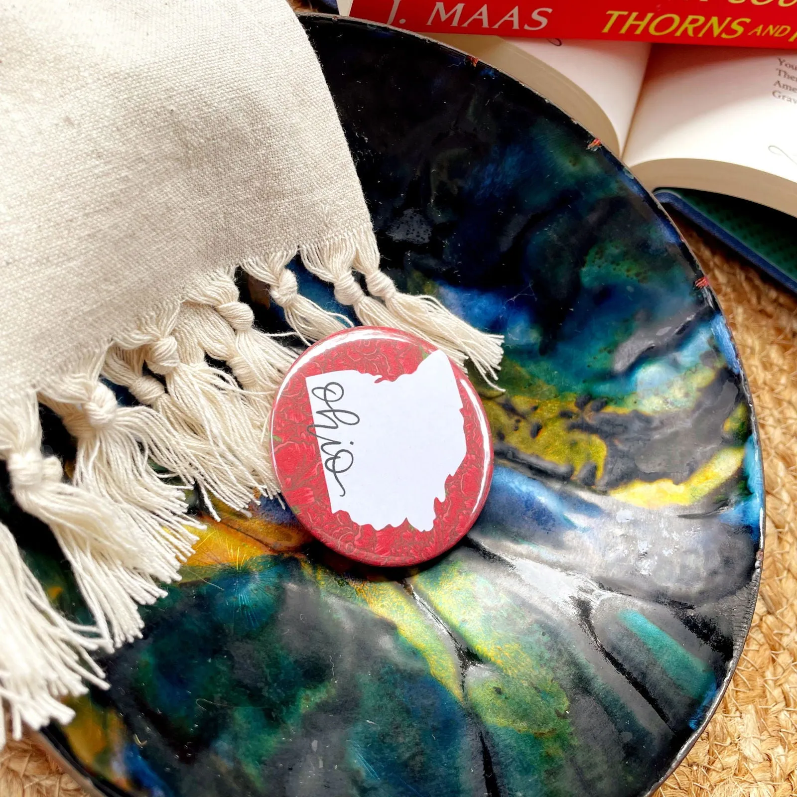 Ohio State Flower Pin Back Button | State Flowers | USA Travel Map | Floral Line Drawing | Hand Lettering Art