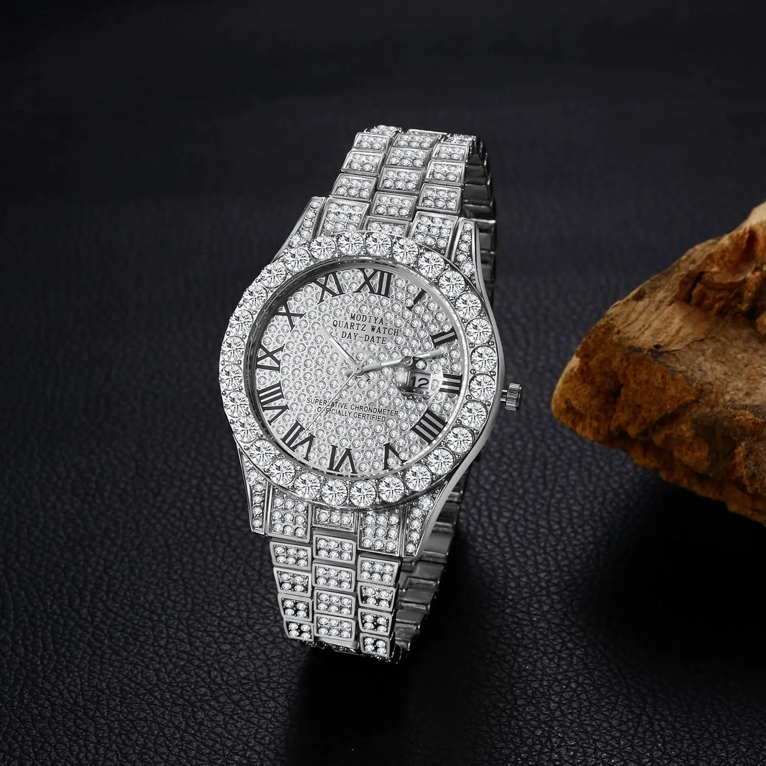OIDEA Men's Rhinestone Diamond Watch: Luxury Roman Numeral Quartz Analog Watches for Men Waterproof Date Wrist Watch Business Casual Dress Watch Iced Out Watch