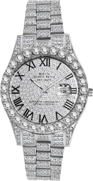 OIDEA Men's Rhinestone Diamond Watch: Luxury Roman Numeral Quartz Analog Watches for Men Waterproof Date Wrist Watch Business Casual Dress Watch Iced Out Watch