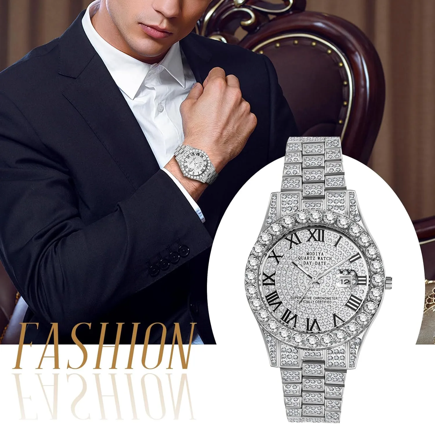 OIDEA Men's Rhinestone Diamond Watch: Luxury Roman Numeral Quartz Analog Watches for Men Waterproof Date Wrist Watch Business Casual Dress Watch Iced Out Watch