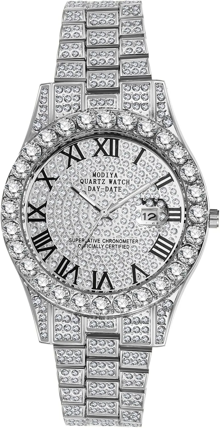 OIDEA Men's Rhinestone Diamond Watch: Luxury Roman Numeral Quartz Analog Watches for Men Waterproof Date Wrist Watch Business Casual Dress Watch Iced Out Watch