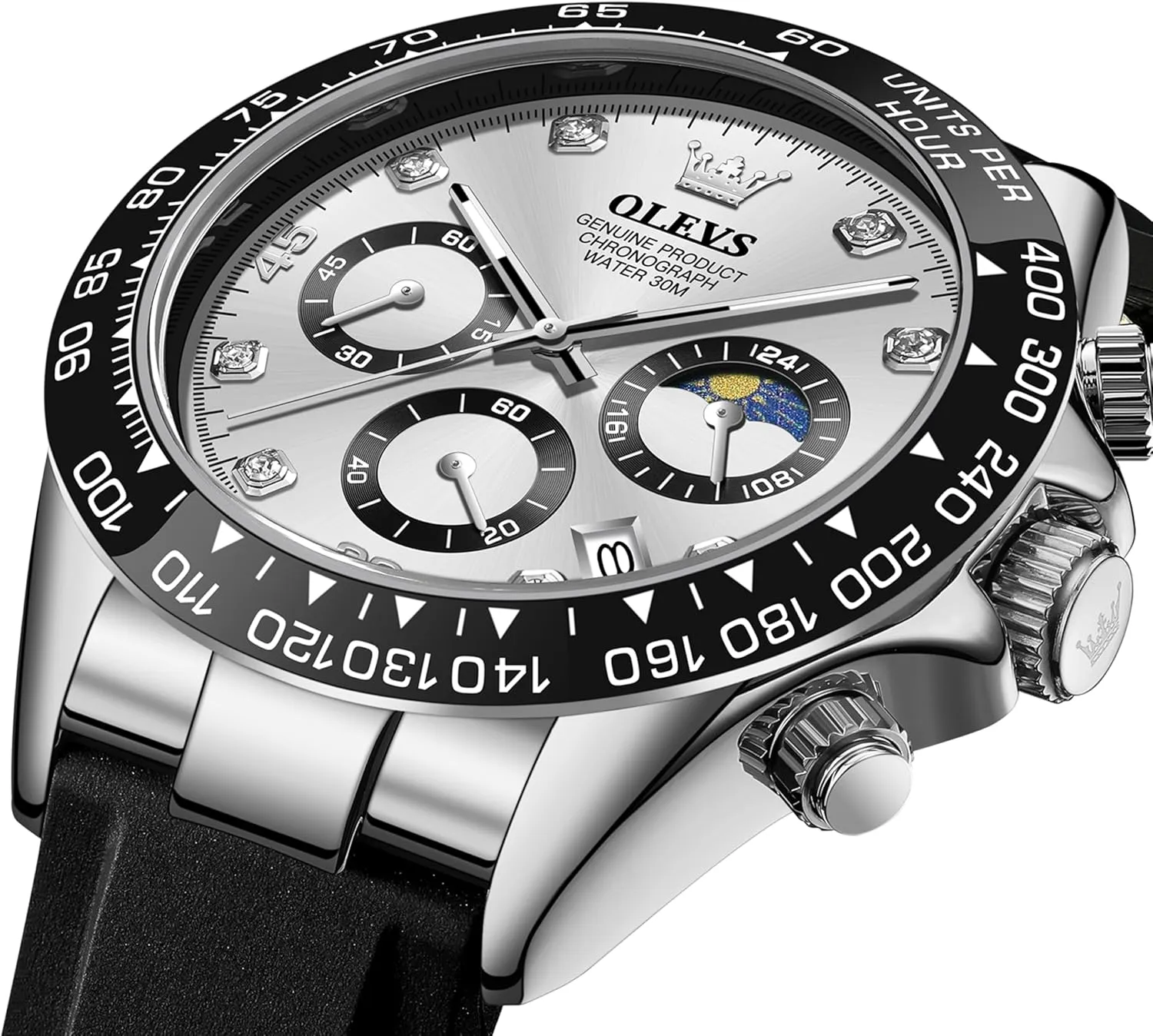 OLEVS Men Analog Quartz Waterproof Watches Multifunction Chronograph Diamond Moon Phase Luminous Silicone Band Wrist Watches