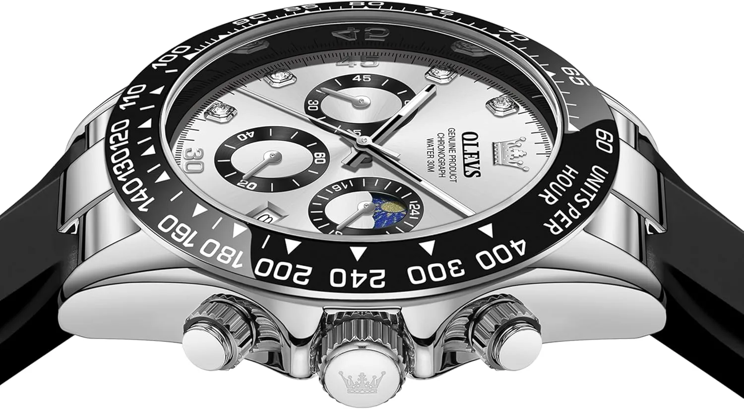 OLEVS Men Analog Quartz Waterproof Watches Multifunction Chronograph Diamond Moon Phase Luminous Silicone Band Wrist Watches