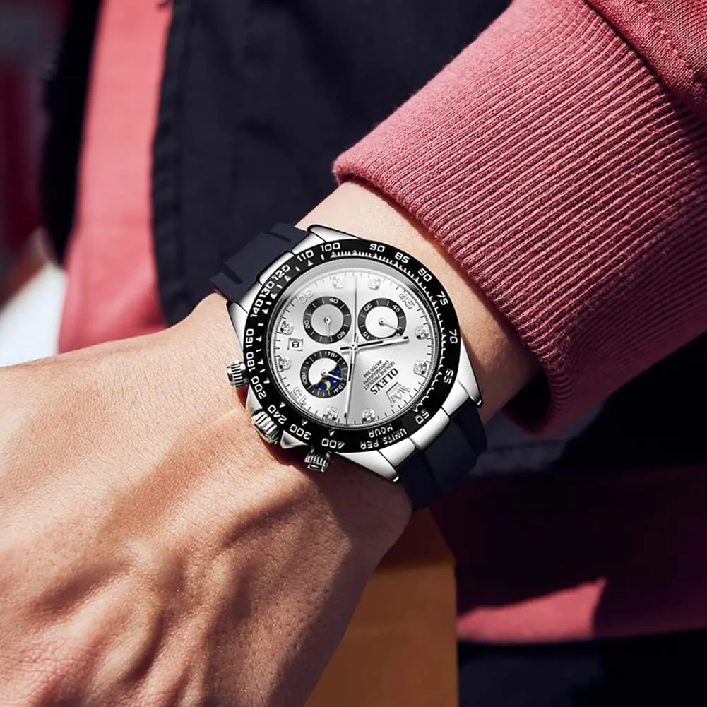 OLEVS Men Analog Quartz Waterproof Watches Multifunction Chronograph Diamond Moon Phase Luminous Silicone Band Wrist Watches