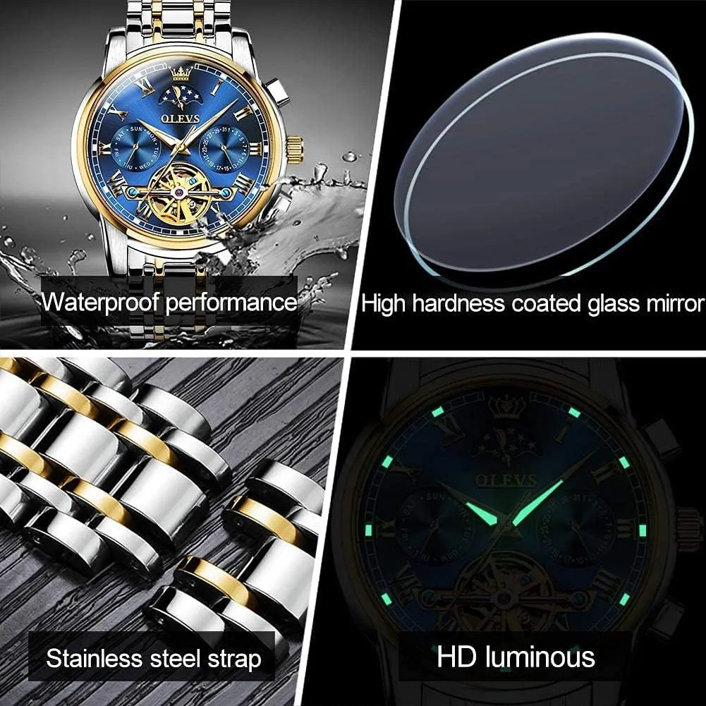 OLEVS Men Watch Automatic Mechanical Skeleton Moon Phase Dress Business Stainless Steel 3AT Waterproof Luminous Men Wrist Watch