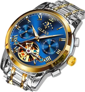 OLEVS Men Watch Automatic Mechanical Skeleton Moon Phase Dress Business Stainless Steel 3AT Waterproof Luminous Men Wrist Watch