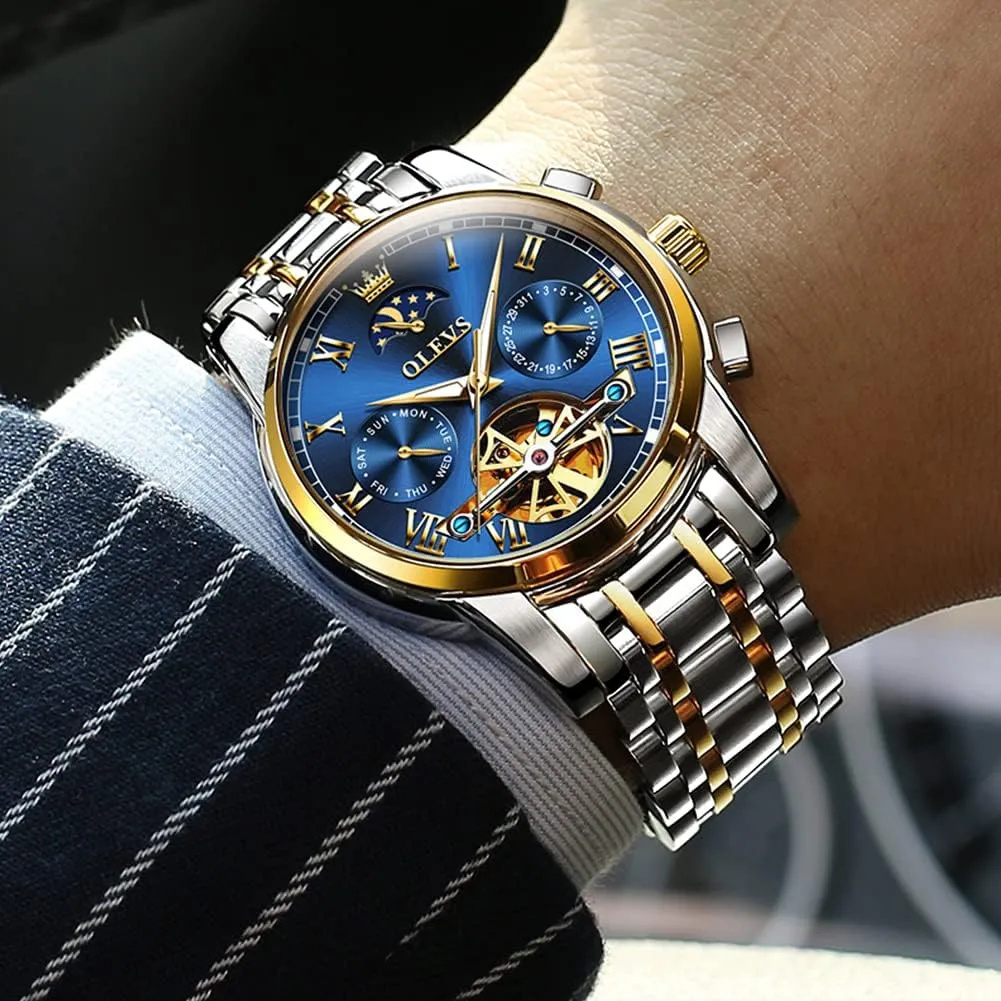 OLEVS Men Watch Automatic Mechanical Skeleton Moon Phase Dress Business Stainless Steel 3AT Waterproof Luminous Men Wrist Watch