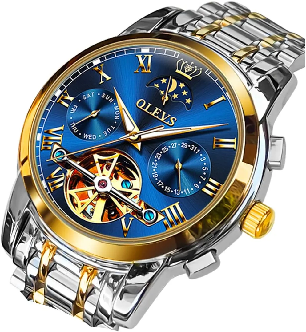 OLEVS Men Watch Automatic Mechanical Skeleton Moon Phase Dress Business Stainless Steel 3AT Waterproof Luminous Men Wrist Watch