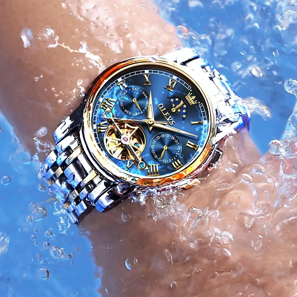 OLEVS Men Watch Automatic Mechanical Skeleton Moon Phase Dress Business Stainless Steel 3AT Waterproof Luminous Men Wrist Watch