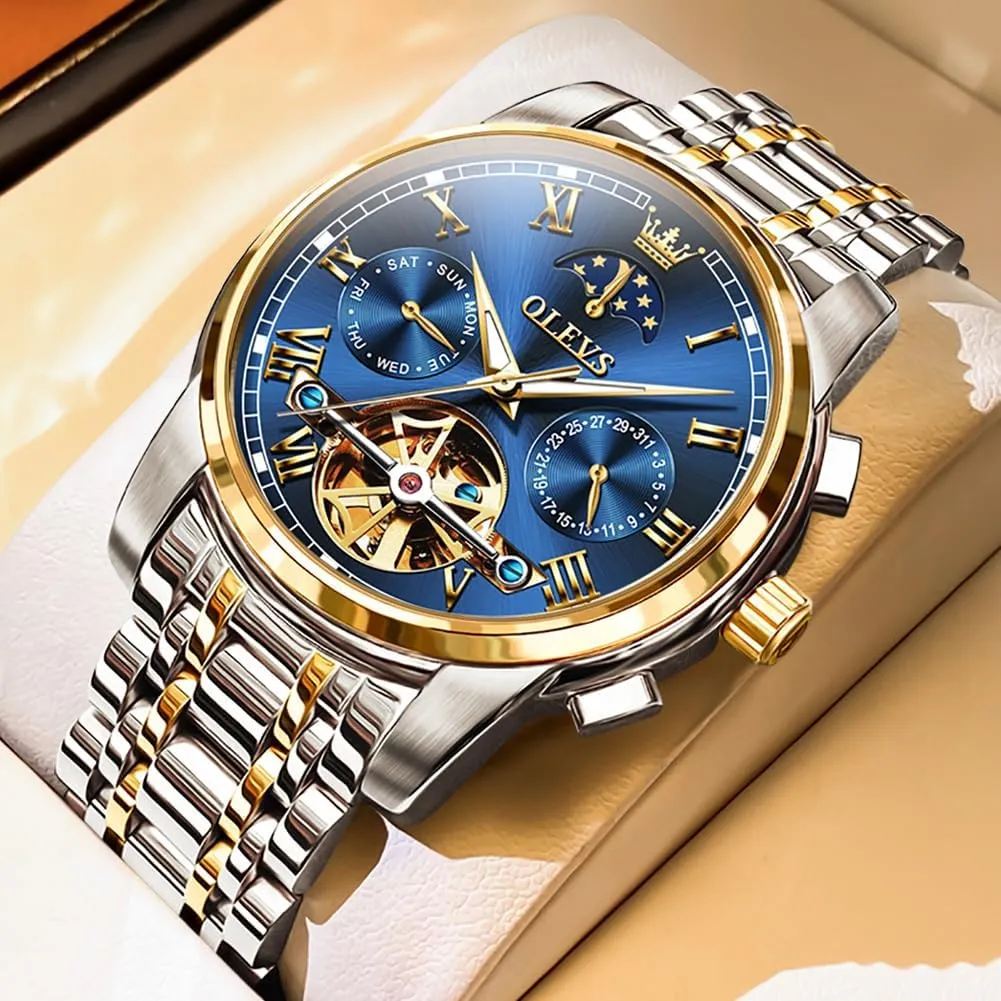 OLEVS Men Watch Automatic Mechanical Skeleton Moon Phase Dress Business Stainless Steel 3AT Waterproof Luminous Men Wrist Watch