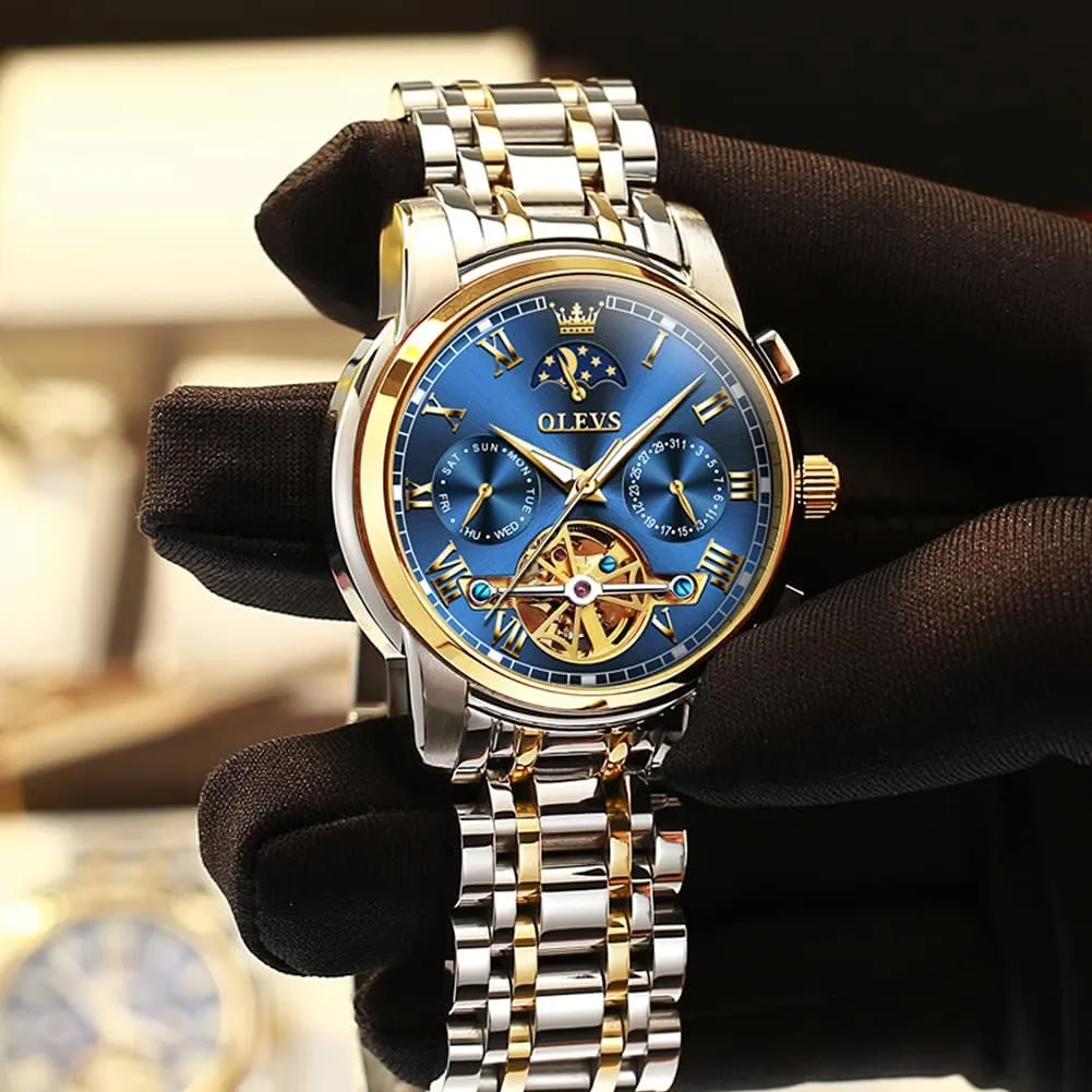 OLEVS Men Watch Automatic Mechanical Skeleton Moon Phase Dress Business Stainless Steel 3AT Waterproof Luminous Men Wrist Watch
