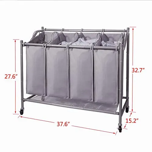 Ollieroo Laundry Sorter Cart 4 Bag with 4 Rolling Wheels Heavy Duty Laundry Organizer Cart Steel Frame Clothes Hamper Sorter, Grey