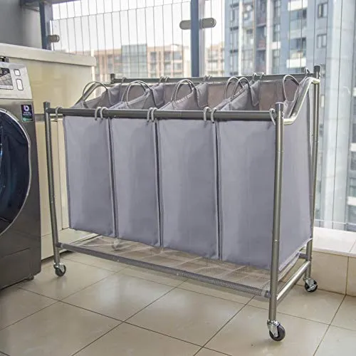 Ollieroo Laundry Sorter Cart 4 Bag with 4 Rolling Wheels Heavy Duty Laundry Organizer Cart Steel Frame Clothes Hamper Sorter, Grey