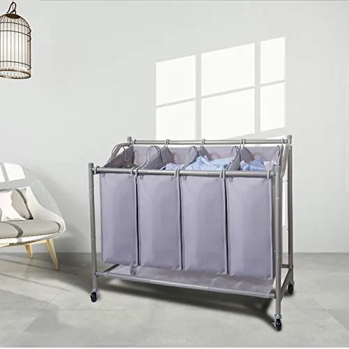 Ollieroo Laundry Sorter Cart 4 Bag with 4 Rolling Wheels Heavy Duty Laundry Organizer Cart Steel Frame Clothes Hamper Sorter, Grey