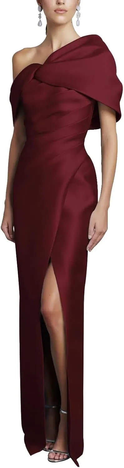 One Shoulder Mother of The Bride Dresses Short Sleeve Long Satin Mermaid Prom Formal Gown with Slit