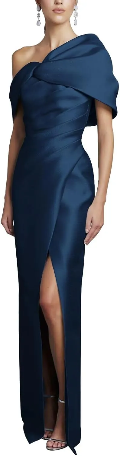 One Shoulder Mother of The Bride Dresses Short Sleeve Long Satin Mermaid Prom Formal Gown with Slit