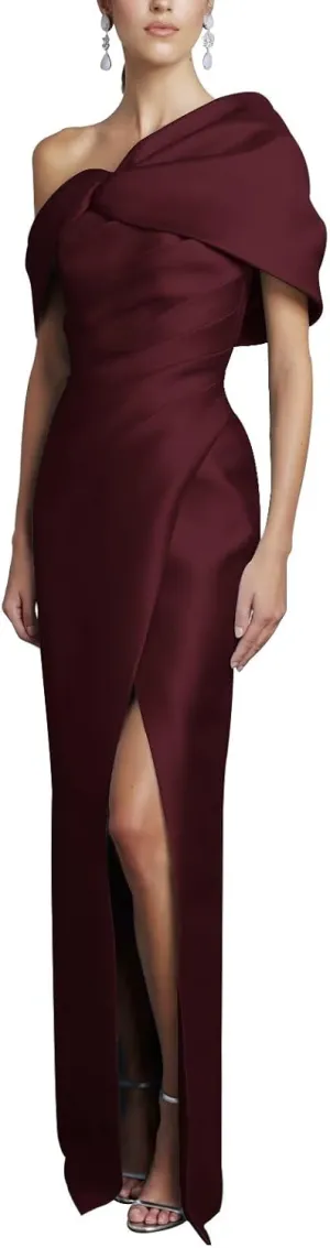 One Shoulder Mother of The Bride Dresses Short Sleeve Long Satin Mermaid Prom Formal Gown with Slit