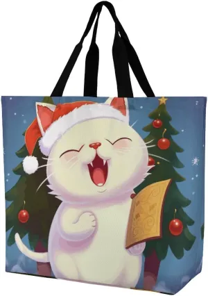 One Shoulder Shopping Bag, Cute Cat Sing Christmas Carols Print Shoulder Shopping Bag,ladies Casual Work Bag for Shopping,travel And Work