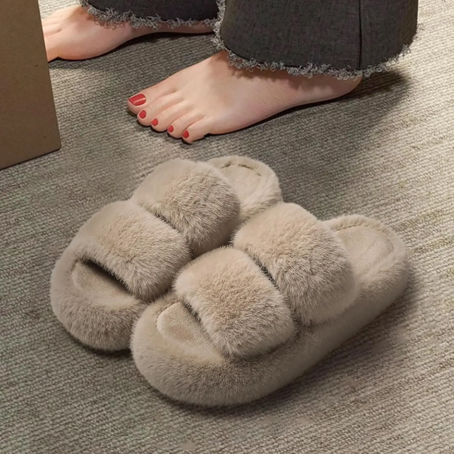 Open Toe Slippers For Women House Platform Cute Indoor Bedroom Fuzzy Shoes Home Summer Height-Increasing Slippers Cozy Fluffy Outdoor White Slides Trendy Gift