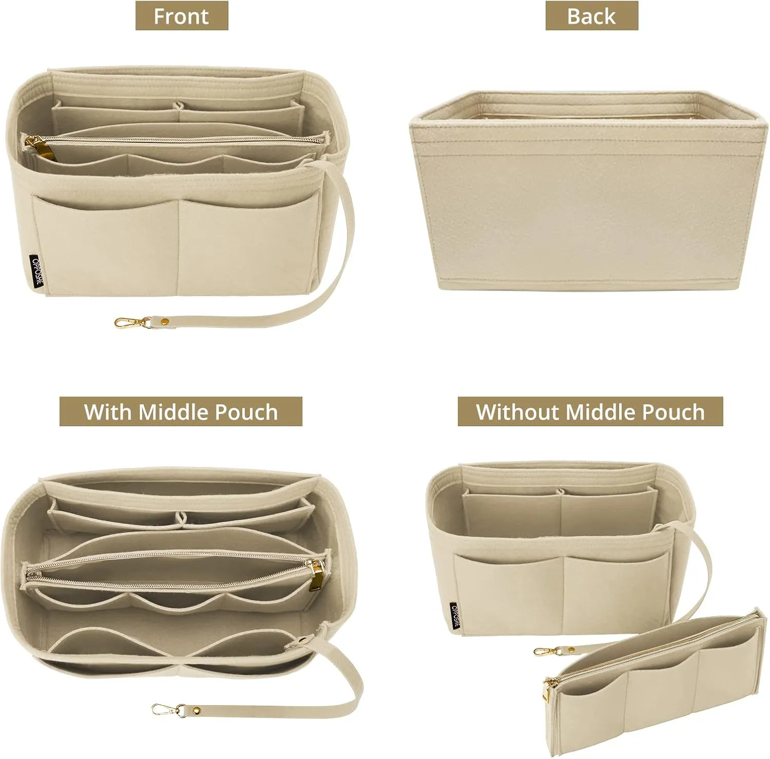 OPPOSHE Purse Organizer Insert for Handbags, Softened Felt Bag Insert Organizer for Tote, Compatible with LV, Coach, MK, Kate Spade, Goyard, Longchamp (Beige, Slender Medium)