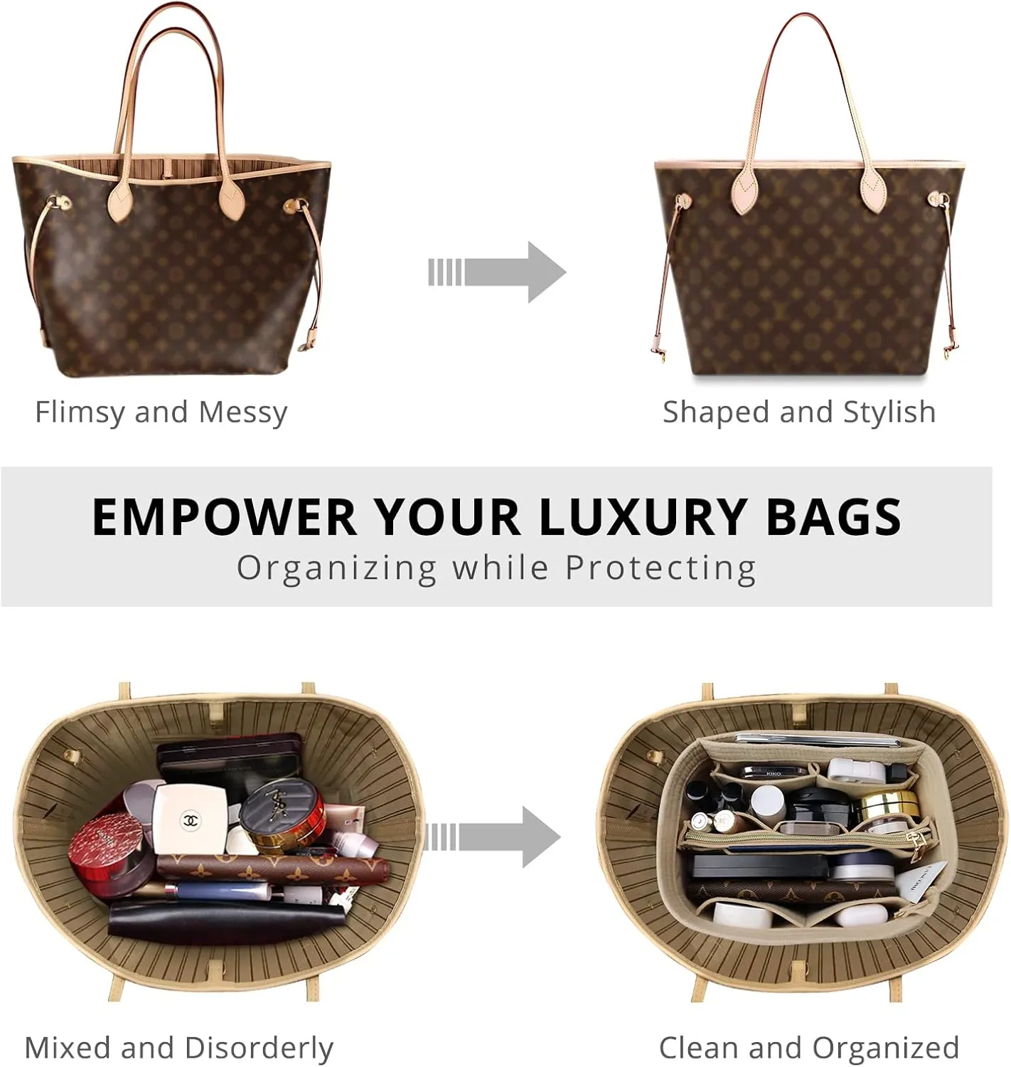 OPPOSHE Purse Organizer Insert for Handbags, Softened Felt Bag Insert Organizer for Tote, Compatible with LV, Coach, MK, Kate Spade, Goyard, Longchamp (Beige, Slender Medium)