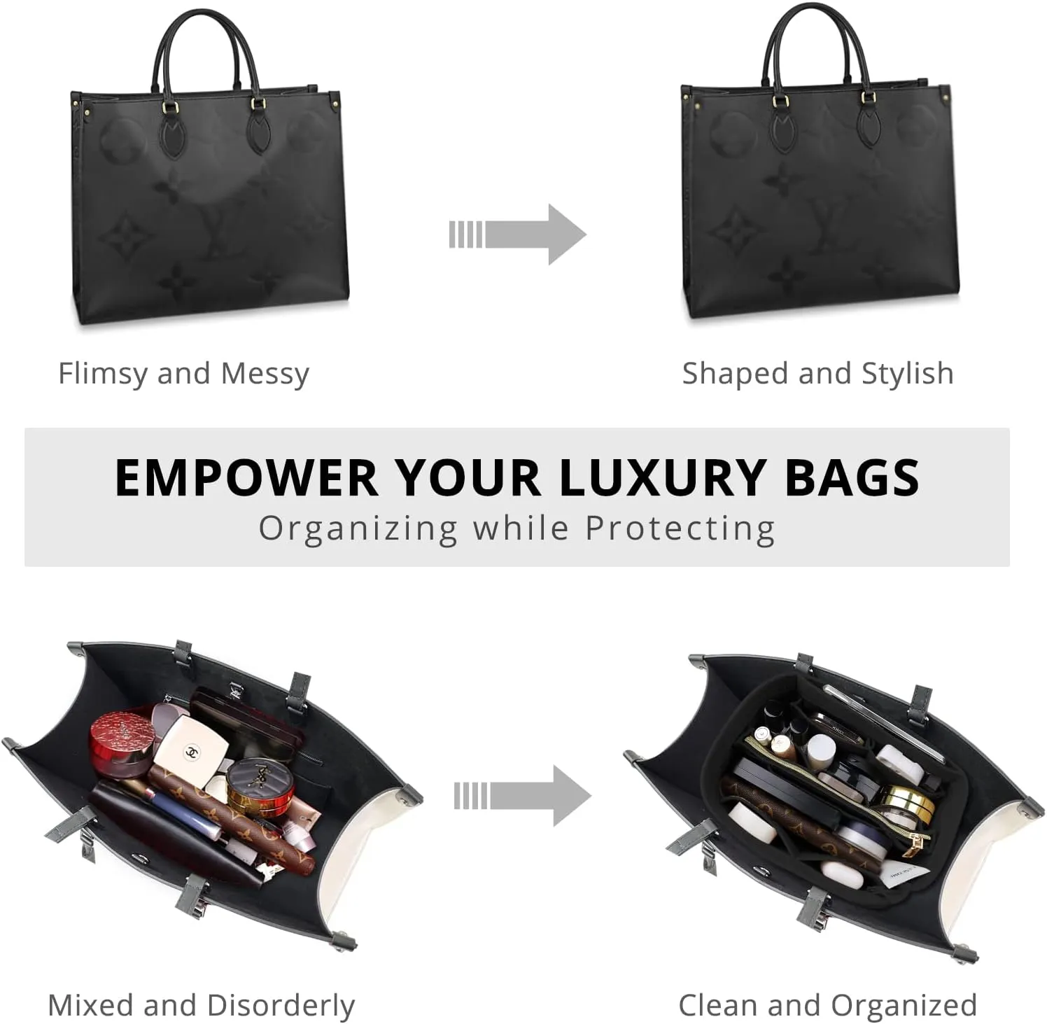 OPPOSHE Purse Organizer Insert for Handbags, Softened Felt Bag Insert Organizer for Tote, Compatible with LV, Coach, MK, Kate Spade, Goyard, Longchamp (Black, Small)