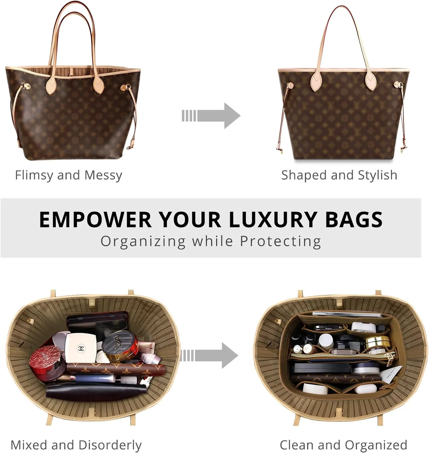 OPPOSHE Purse Organizer Insert for Handbags, Softened Felt Bag Insert Organizer for Tote, Compatible with LV, Coach, MK, Kate Spade, Goyard, Longchamp (Brown, Medium)
