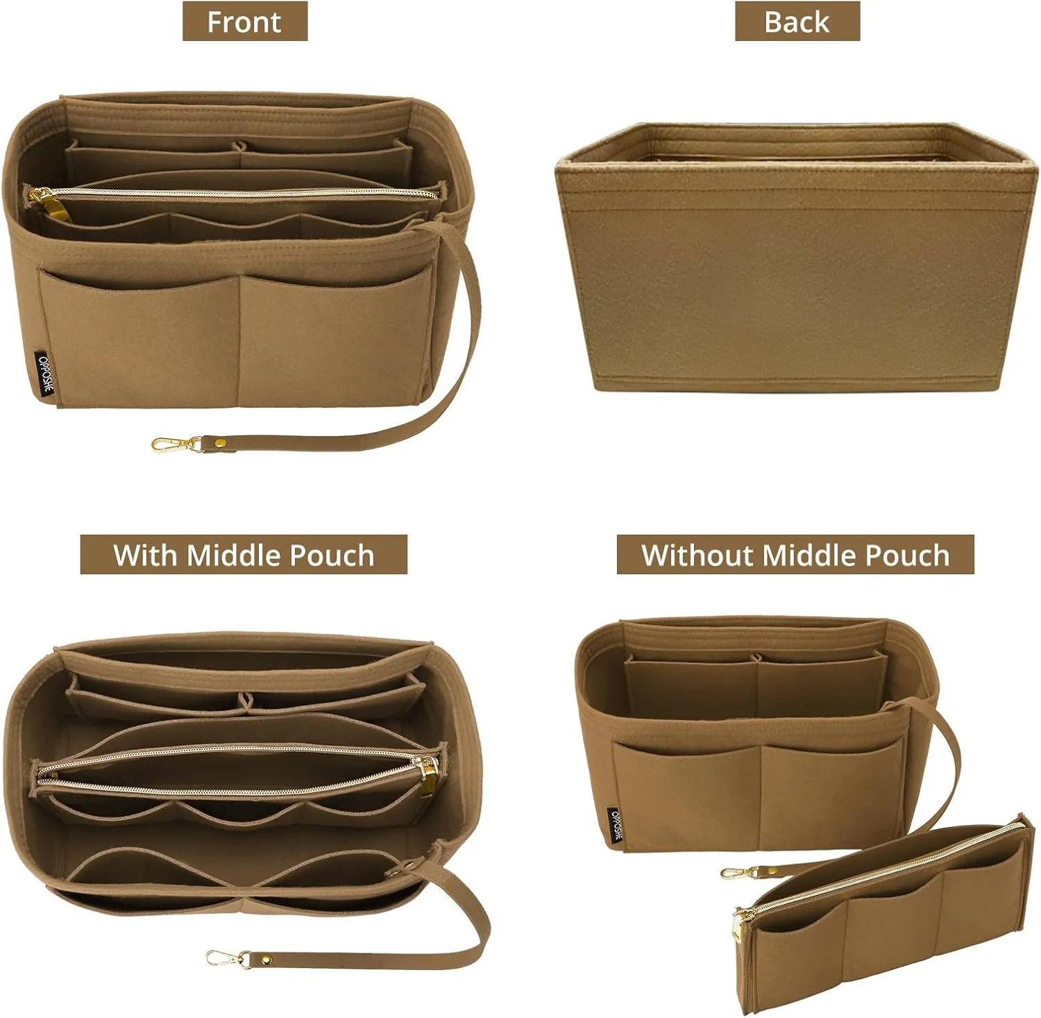 OPPOSHE Purse Organizer Insert for Handbags, Softened Felt Bag Insert Organizer for Tote, Compatible with LV, Coach, MK, Kate Spade, Goyard, Longchamp (Brown, Medium)