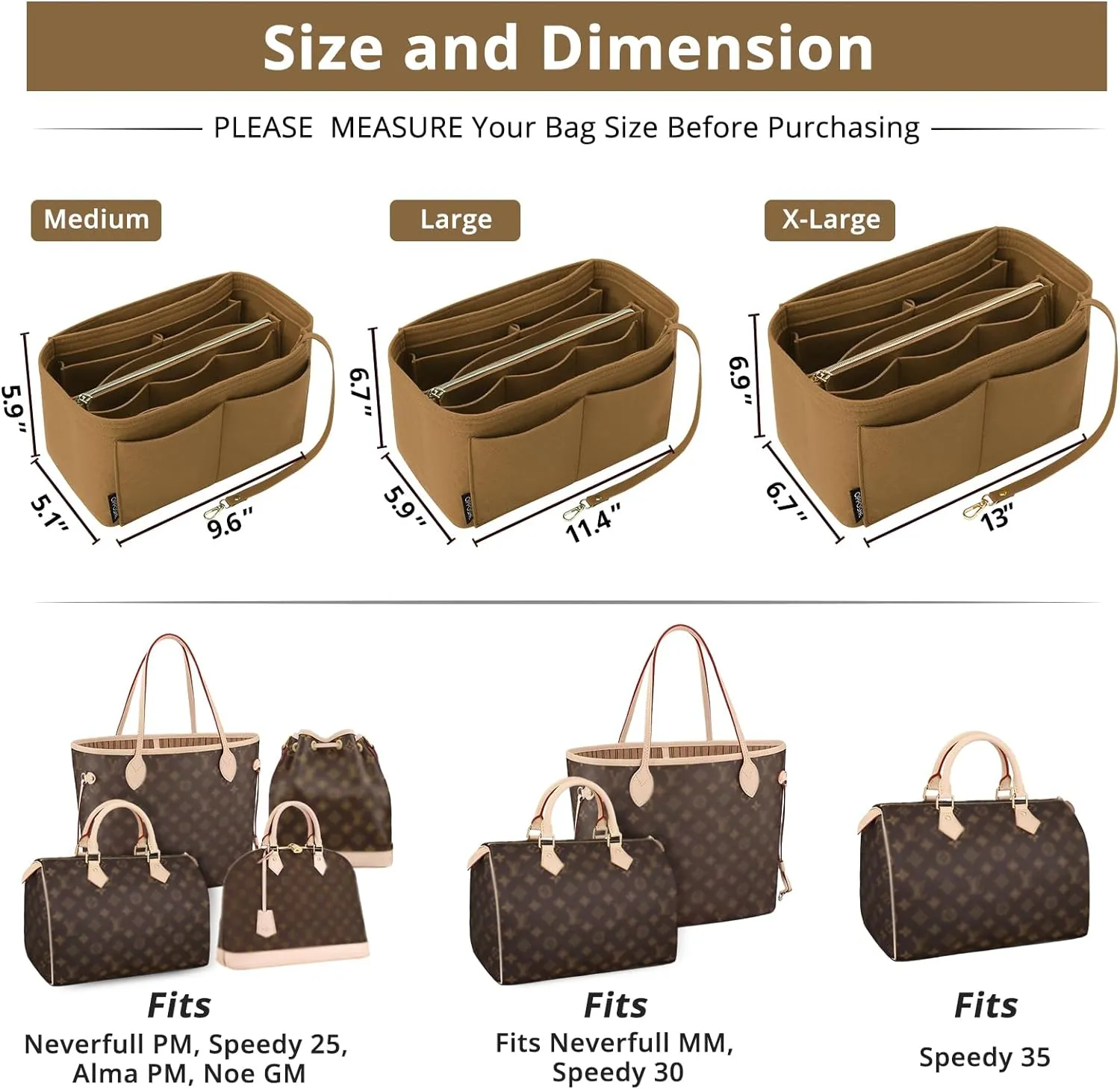 OPPOSHE Purse Organizer Insert for Handbags, Softened Felt Bag Insert Organizer for Tote, Compatible with LV, Coach, MK, Kate Spade, Goyard, Longchamp (Brown, Medium)