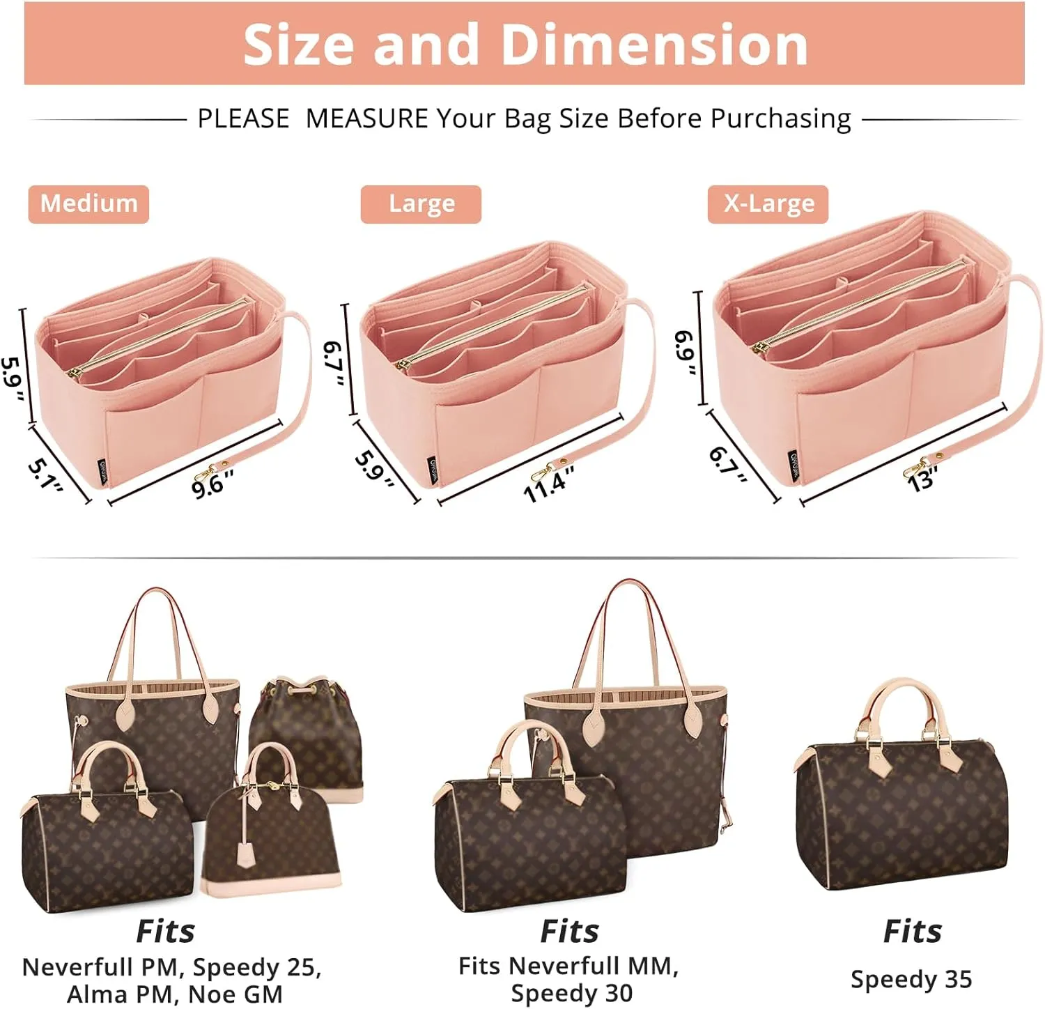 OPPOSHE Purse Organizer Insert for Handbags, Softened Felt Bag Insert Organizer for Tote, Compatible with LV, Coach, MK, Kate Spade, Goyard, Longchamp (Light Pink, Large)