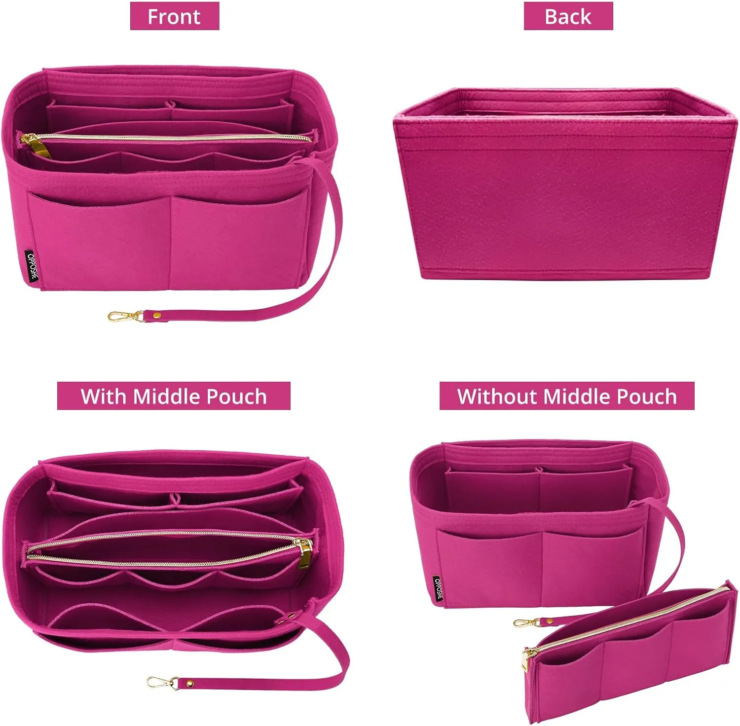OPPOSHE Purse Organizer Insert for Handbags, Softened Felt Bag Insert Organizer for Tote, Compatible with LV, Coach, MK, Kate Spade, Goyard, Longchamp (Rosy, X-Large)