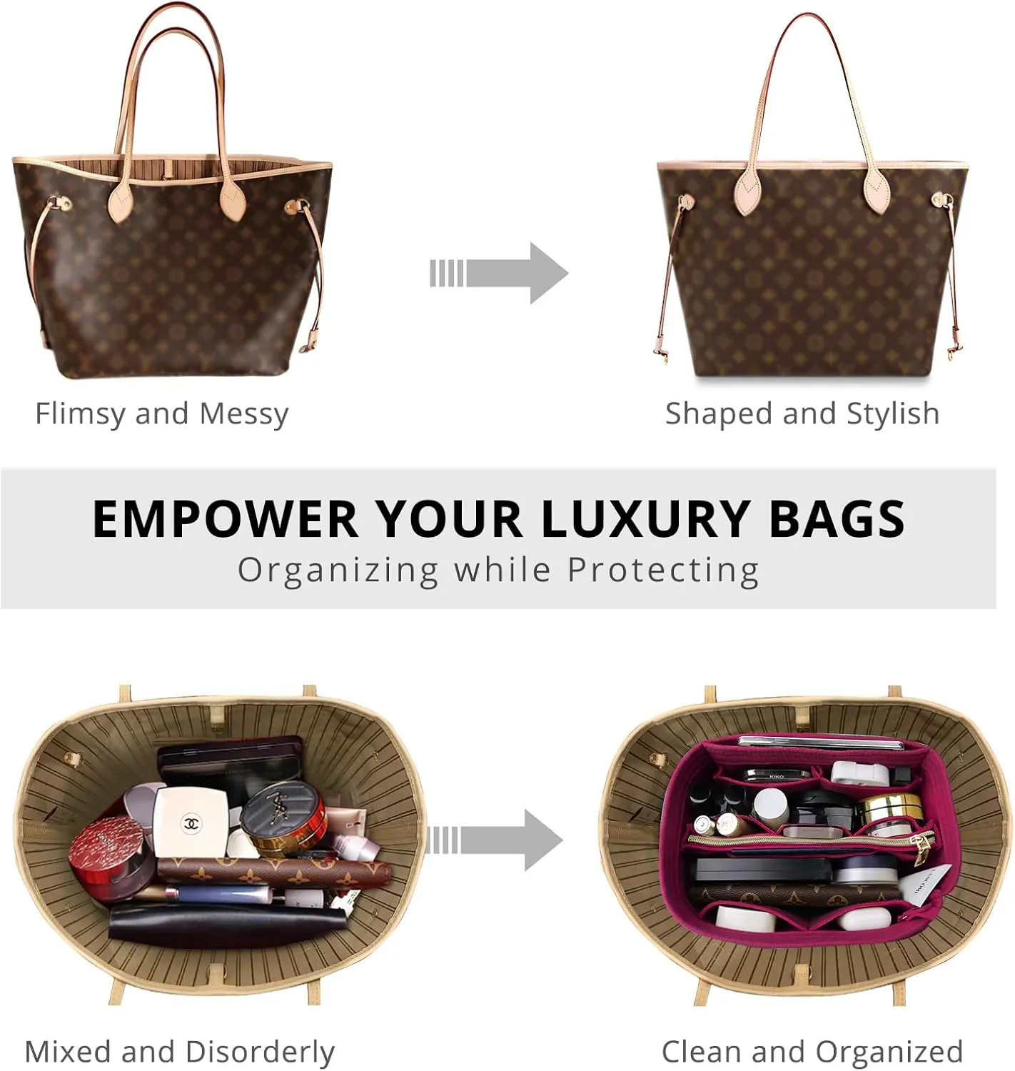 OPPOSHE Purse Organizer Insert for Handbags, Softened Felt Bag Insert Organizer for Tote, Compatible with LV, Coach, MK, Kate Spade, Goyard, Longchamp (Rosy, X-Large)