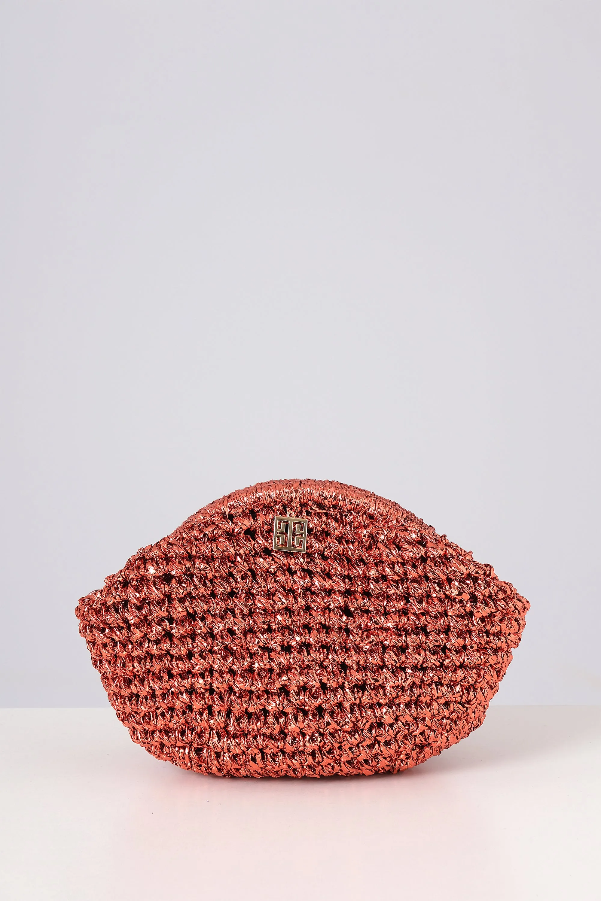 Orange Woven Metallic Raffia Pouch Clutch Bag