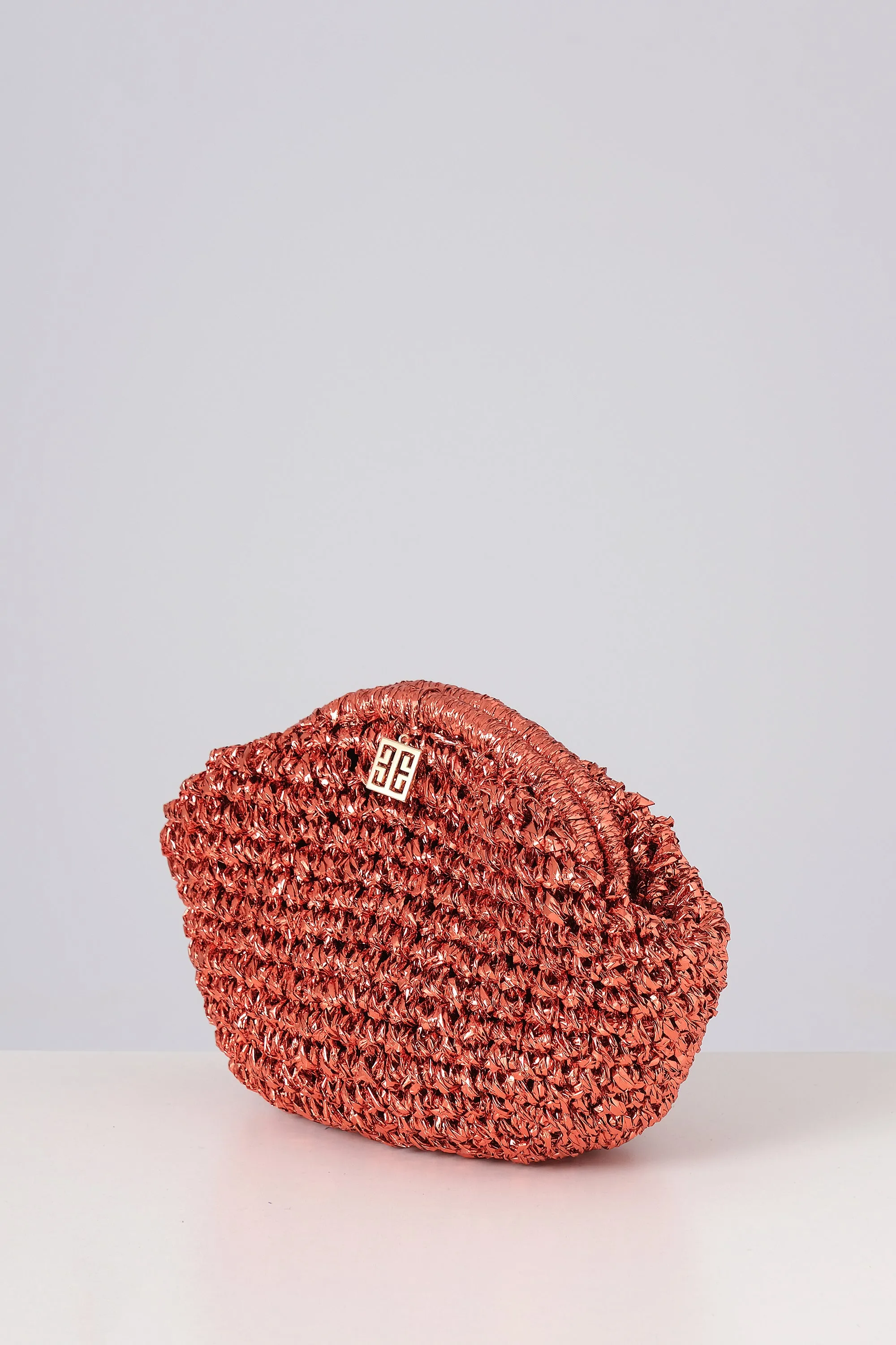 Orange Woven Metallic Raffia Pouch Clutch Bag