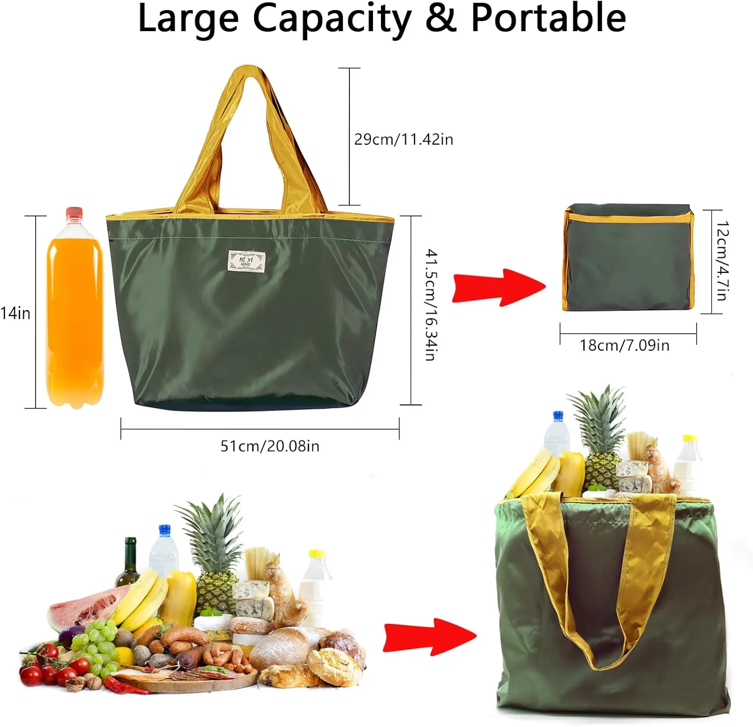OSAGIE Reusable Grocery Bag Foldable Shopping Bag with Pocket Extra Wide Handle Portable Durable Washable Tote Bags for Women