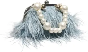 Ostrich Feather Evening Bags Fluffy Clutches for Women, Vintage Pearl Purse Tote Bag for Bridal, Banquet, Party Blue